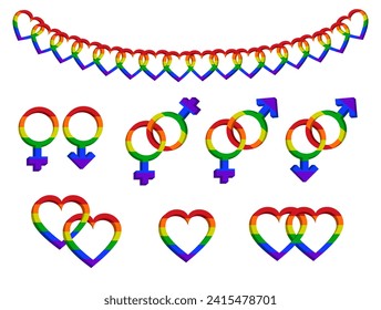 Set of gender signs and hearts. Rainbow colored elements. Pride community. Vector illustration.