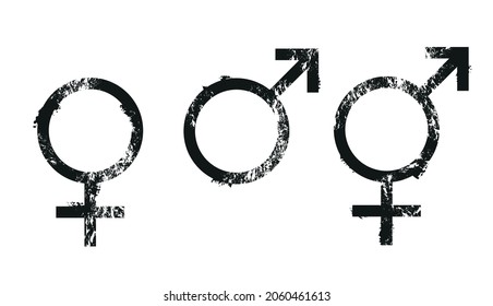 Conjunto de símbolos de género. Sellos vectores de símbolo masculino, femenino y bisexual. Elementos de color aislado y editable. Archivo EPS 10.