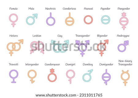 Set of gender symbols. LGBTQ community. Gay, lesbian, transgender, non-binary. Vector illustration in flat style