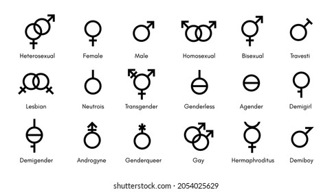 Set Of Gender Vector Icons. Sexual Orientation Signs. Diversity Of Genders In Graphic Linear Signs In A Flat Style.