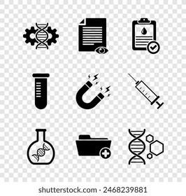 Set Gene editing, Paper page with eye, Clipboard blood test, DNA research, search, Health record folder and Genetic engineering icon. Vector