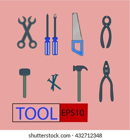 Set of general home use tools icon,hammer,saw,wrench,screwdriver,spanner,pliers,nail.