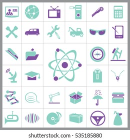 Set of General Icons. Contains such Icons as Carton Box, Car, Glasses, Calculator, Music, Umbrella, Crane, Folder and more. Editable Vector. Pixel Perfect.