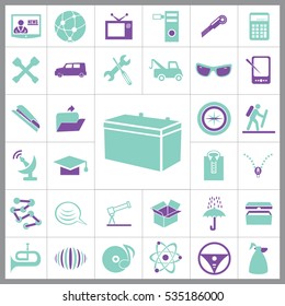 Set of General Icons. Contains such Icons as Carton Box, Car, Glasses, Calculator, Music, Umbrella, Crane, Folder and more. Editable Vector. Pixel Perfect.