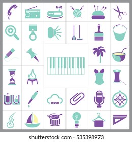 Set of General Icons. Contains such Icons as Boat, Clip, Palm, Bucket, Telephone, Coctail, Brush and more. Editable Vector. Pixel Perfect. 
