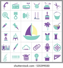 Set of General Icons. Contains such Icons as Boat, Clip, Palm, Bucket, Telephone, Coctail, Brush and more. Editable Vector. Pixel Perfect. 