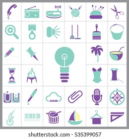 Set of General Icons. Contains such Icons as Boat, Clip, Palm, Bucket, Telephone, Coctail, Brush and more. Editable Vector. Pixel Perfect. 