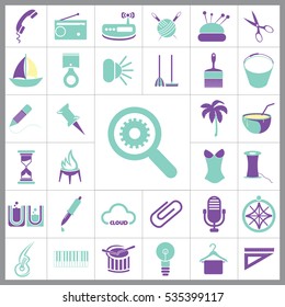 Set of General Icons. Contains such Icons as Boat, Clip, Palm, Bucket, Telephone, Coctail, Brush and more. Editable Vector. Pixel Perfect. 