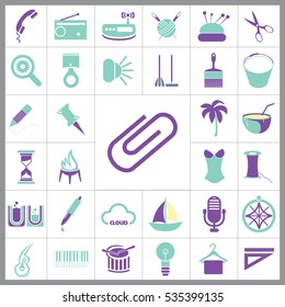 Set of General Icons. Contains such Icons as Boat, Clip, Palm, Bucket, Telephone, Coctail, Brush and more. Editable Vector. Pixel Perfect. 