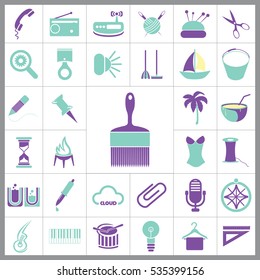 Set of General Icons. Contains such Icons as Boat, Clip, Palm, Bucket, Telephone, Coctail, Brush and more. Editable Vector. Pixel Perfect. 