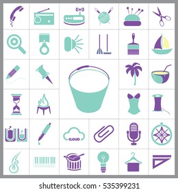 Set of General Icons. Contains such Icons as Boat, Clip, Palm, Bucket, Telephone, Coctail, Brush and more. Editable Vector. Pixel Perfect. 