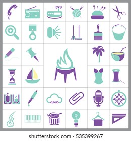 Set of General Icons. Contains such Icons as Boat, Clip, Palm, Bucket, Telephone, Coctail, Brush and more. Editable Vector. Pixel Perfect. 