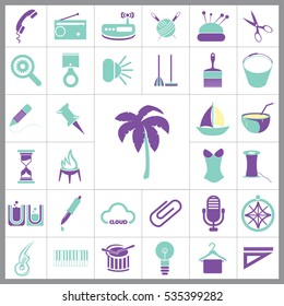 Set of General Icons. Contains such Icons as Boat, Clip, Palm, Bucket, Telephone, Coctail, Brush and more. Editable Vector. Pixel Perfect. 