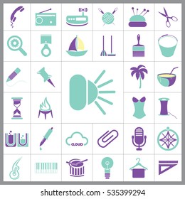 Set of General Icons. Contains such Icons as Boat, Clip, Palm, Bucket, Telephone, Coctail, Brush and more. Editable Vector. Pixel Perfect. 