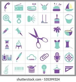 Set of General Icons. Contains such Icons as Boat, Clip, Palm, Bucket, Telephone, Coctail, Brush and more. Editable Vector. Pixel Perfect. 