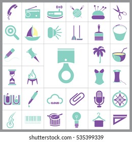 Set of General Icons. Contains such Icons as Boat, Clip, Palm, Bucket, Telephone, Coctail, Brush and more. Editable Vector. Pixel Perfect. 