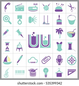 Set of General Icons. Contains such Icons as Boat, Clip, Palm, Bucket, Telephone, Coctail, Brush and more. Editable Vector. Pixel Perfect. 