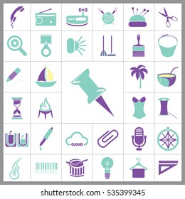 Set of General Icons. Contains such Icons as Boat, Clip, Palm, Bucket, Telephone, Coctail, Brush and more. Editable Vector. Pixel Perfect. 