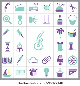 Set of General Icons. Contains such Icons as Boat, Clip, Palm, Bucket, Telephone, Coctail, Brush and more. Editable Vector. Pixel Perfect. 