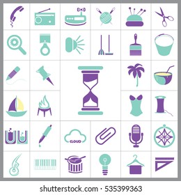 Set of General Icons. Contains such Icons as Boat, Clip, Palm, Bucket, Telephone, Coctail, Brush and more. Editable Vector. Pixel Perfect. 