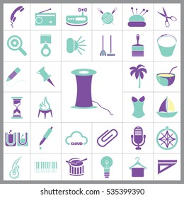 Set of General Icons. Contains such Icons as Boat, Clip, Palm, Bucket, Telephone, Coctail, Brush and more. Editable Vector. Pixel Perfect. 