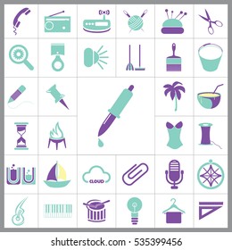 Set of General Icons. Contains such Icons as Boat, Clip, Palm, Bucket, Telephone, Coctail, Brush and more. Editable Vector. Pixel Perfect. 
