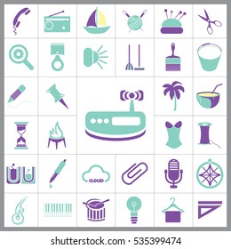 Set of General Icons. Contains such Icons as Boat, Clip, Palm, Bucket, Telephone, Coctail, Brush and more. Editable Vector. Pixel Perfect. 