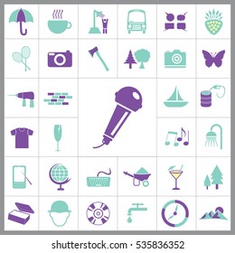Set of General Icons. Contains such Icons as Mountain, T-shirt, Wineglass, Compass, Coctail, Ax, Camera, Umbrella, Tennis, Butterfly, Oil, Ship and more. Editable Vector. Pixel Perfect. 