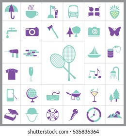 Set of General Icons. Contains such Icons as Mountain, T-shirt, Wineglass, Compass, Coctail, Ax, Camera, Umbrella, Tennis, Butterfly, Oil, Ship and more. Editable Vector. Pixel Perfect. 