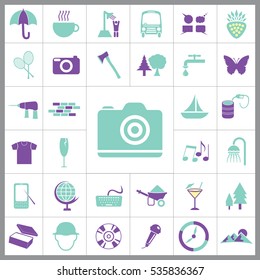Set of General Icons. Contains such Icons as Mountain, T-shirt, Wineglass, Compass, Coctail, Ax, Camera, Umbrella, Tennis, Butterfly, Oil, Ship and more. Editable Vector. Pixel Perfect. 