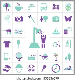 Set of General Icons. Contains such Icons as Mountain, T-shirt, Wineglass, Compass, Coctail, Ax, Camera, Umbrella, Tennis, Butterfly, Oil, Ship and more. Editable Vector. Pixel Perfect. 