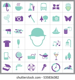 Set of General Icons. Contains such Icons as Mountain, T-shirt, Wineglass, Compass, Coctail, Ax, Camera, Umbrella, Tennis, Butterfly, Oil, Ship and more. Editable Vector. Pixel Perfect. 