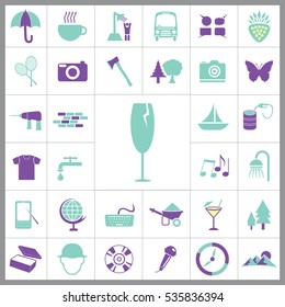 Set of General Icons. Contains such Icons as Mountain, T-shirt, Wineglass, Compass, Coctail, Ax, Camera, Umbrella, Tennis, Butterfly, Oil, Ship and more. Editable Vector. Pixel Perfect. 