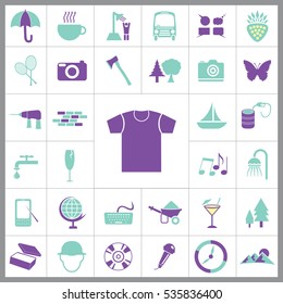 Set of General Icons. Contains such Icons as Mountain, T-shirt, Wineglass, Compass, Coctail, Ax, Camera, Umbrella, Tennis, Butterfly, Oil, Ship and more. Editable Vector. Pixel Perfect. 