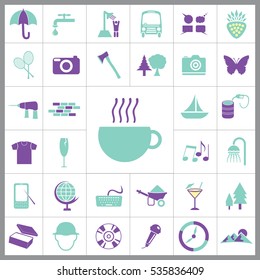 Set of General Icons. Contains such Icons as Mountain, T-shirt, Wineglass, Compass, Coctail, Ax, Camera, Umbrella, Tennis, Butterfly, Oil, Ship and more. Editable Vector. Pixel Perfect. 