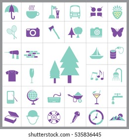 Set of General Icons. Contains such Icons as Mountain, T-shirt, Wineglass, Compass, Coctail, Ax, Camera, Umbrella, Tennis, Butterfly, Oil, Ship and more. Editable Vector. Pixel Perfect. 