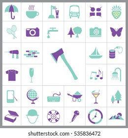 Set of General Icons. Contains such Icons as Mountain, T-shirt, Wineglass, Compass, Coctail, Ax, Camera, Umbrella, Tennis, Butterfly, Oil, Ship and more. Editable Vector. Pixel Perfect. 