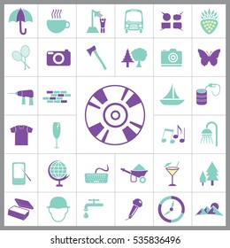 Set of General Icons. Contains such Icons as Mountain, T-shirt, Wineglass, Compass, Coctail, Ax, Camera, Umbrella, Tennis, Butterfly, Oil, Ship and more. Editable Vector. Pixel Perfect. 