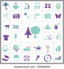 Set of General Icons. Contains such Icons as Mountain, T-shirt, Wineglass, Compass, Coctail, Ax, Camera, Umbrella, Tennis, Butterfly, Oil, Ship and more. Editable Vector. Pixel Perfect. 