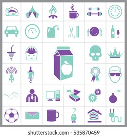 Set of General Icons. Contains such Icons as Brick, Car, Ball, Avatar, Computer, Bomb, Milk, Crown and more. Editable Vector. Pixel Perfect. 