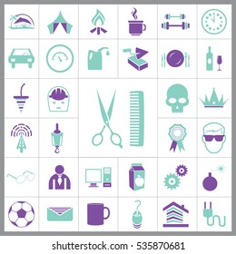 Set of General Icons. Contains such Icons as Brick, Car, Ball, Avatar, Computer, Bomb, Milk, Crown and more. Editable Vector. Pixel Perfect. 