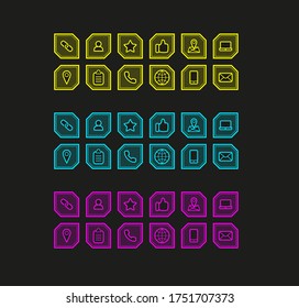 Set of general neon icons. Each icon is in square which has beveled corners and grid inside. This set has 3 neon colors: yellow, blue and pink.