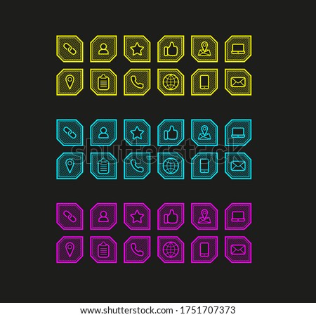 Set of general neon icons. Each icon is in square which has beveled corners and grid inside. This set has 3 neon colors: yellow, blue and pink.
