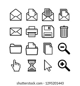 Set of general user interface pictograms for common operations like open,save,print and delete, simple black icons on white