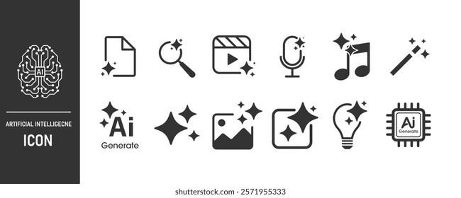 Set of generate ai icon. Creating images, videos, audio, and data with AI. Artificial intelligence icon element for application and web. Vector illustration.