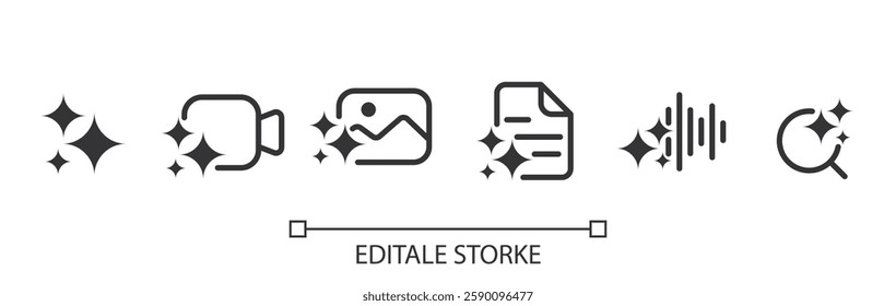 Set of generate ai icon. Creating images, videos, audio, data and analysis with AI. Artificial intelligence icon element for application and web. Vector illustration. Editable stroke.