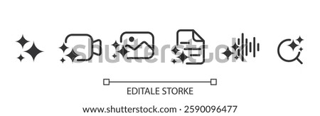 Set of generate ai icon. Creating images, videos, audio, data and analysis with AI. Artificial intelligence icon element for application and web. Vector illustration. Editable stroke.