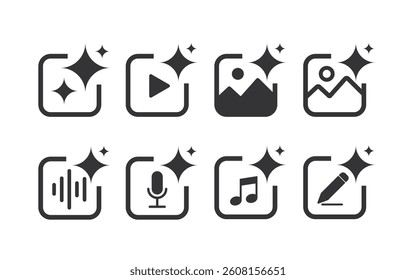 Set of Generate AI user interface. Artificial intelligence sign. AI enters by command prompt to generate ideas. AI tool and square. Icon element for apps, and websites. Vector illustration.