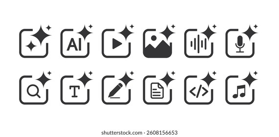 Set of Generate AI user interface. Artificial intelligence sign. AI enters by command prompt to generate ideas. AI tool and square. Icon element for apps, and websites. Vector illustration.