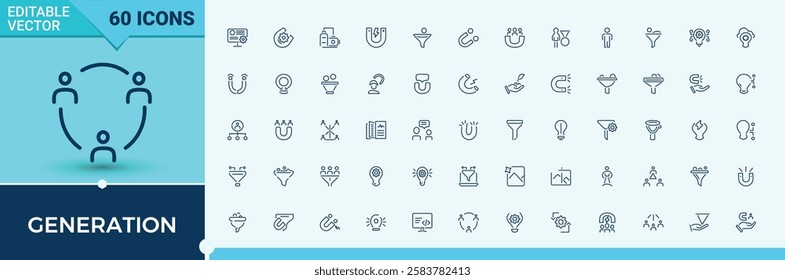 Set of Generation line icons. Contains such icons as male, sale, woman, human, graph and more. Minimalistic icon. Editable stroke. Vector illustration.
